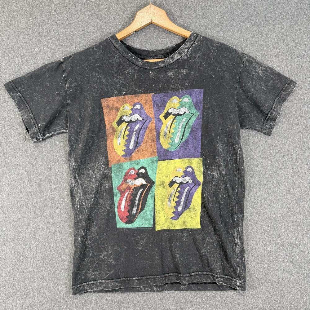 Rolling Stones T Shirt Medium Black Acid Wash Pop Art Tongue 1989 Tour Graphic